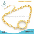 Moda ouro aço inoxidável Chunky Rolo Cadeia de charme flutuante locket pulseira, pulseira com cristal